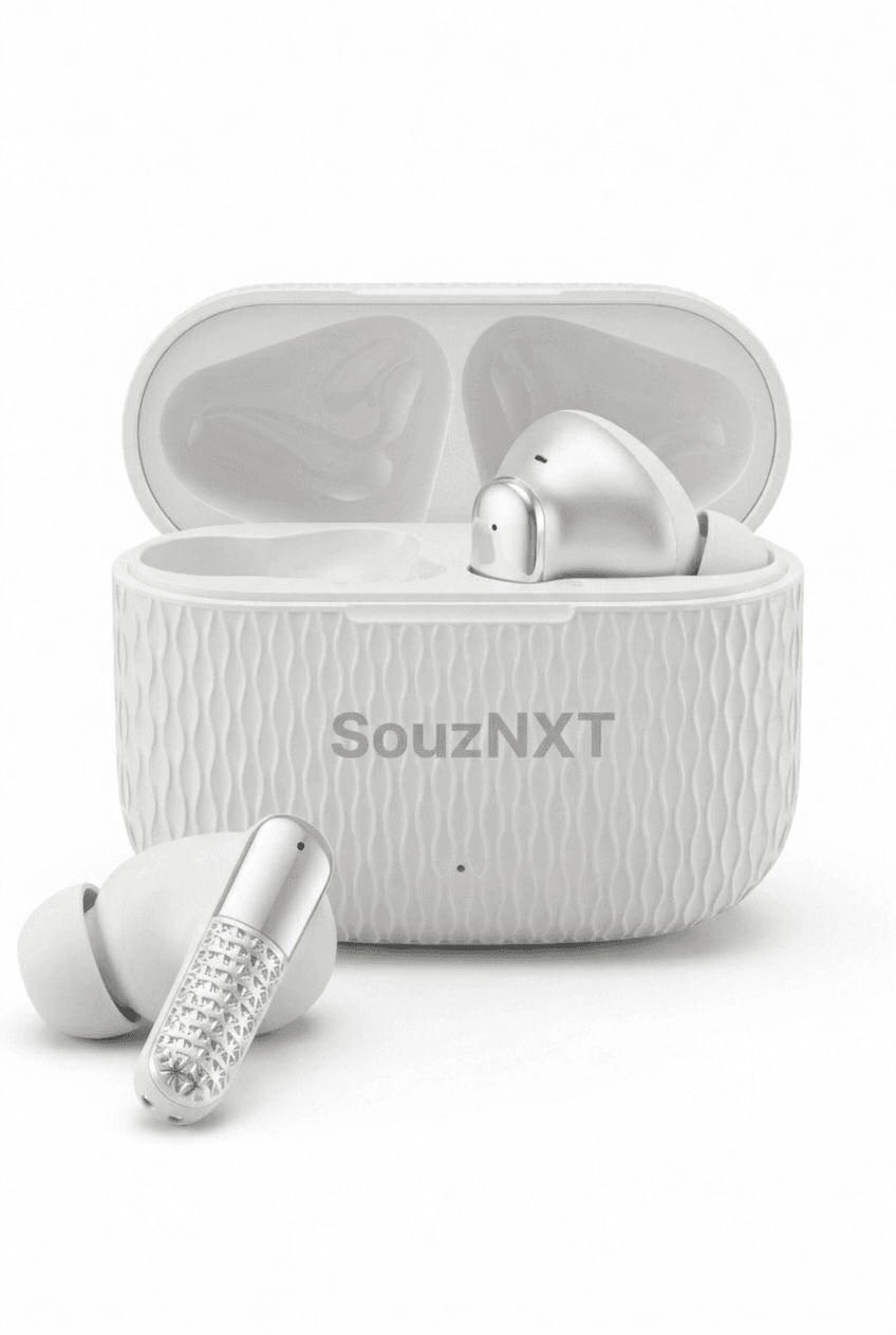 SouzNXT Prime Buds 72 White Edition Wireless Earbuds – 72H Playtime, Bluetooth 5.4, ENC Calling
