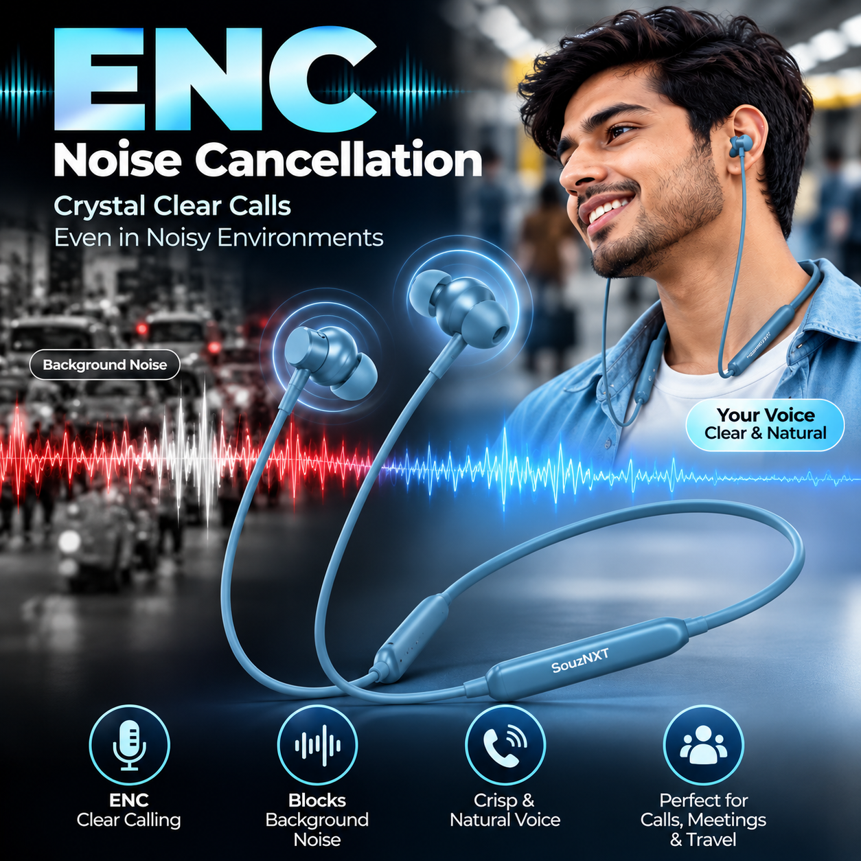 SouzNXT Wireless Neckband | Deep Bass • ENC Calling • Up to 30H Playtime - Image 4