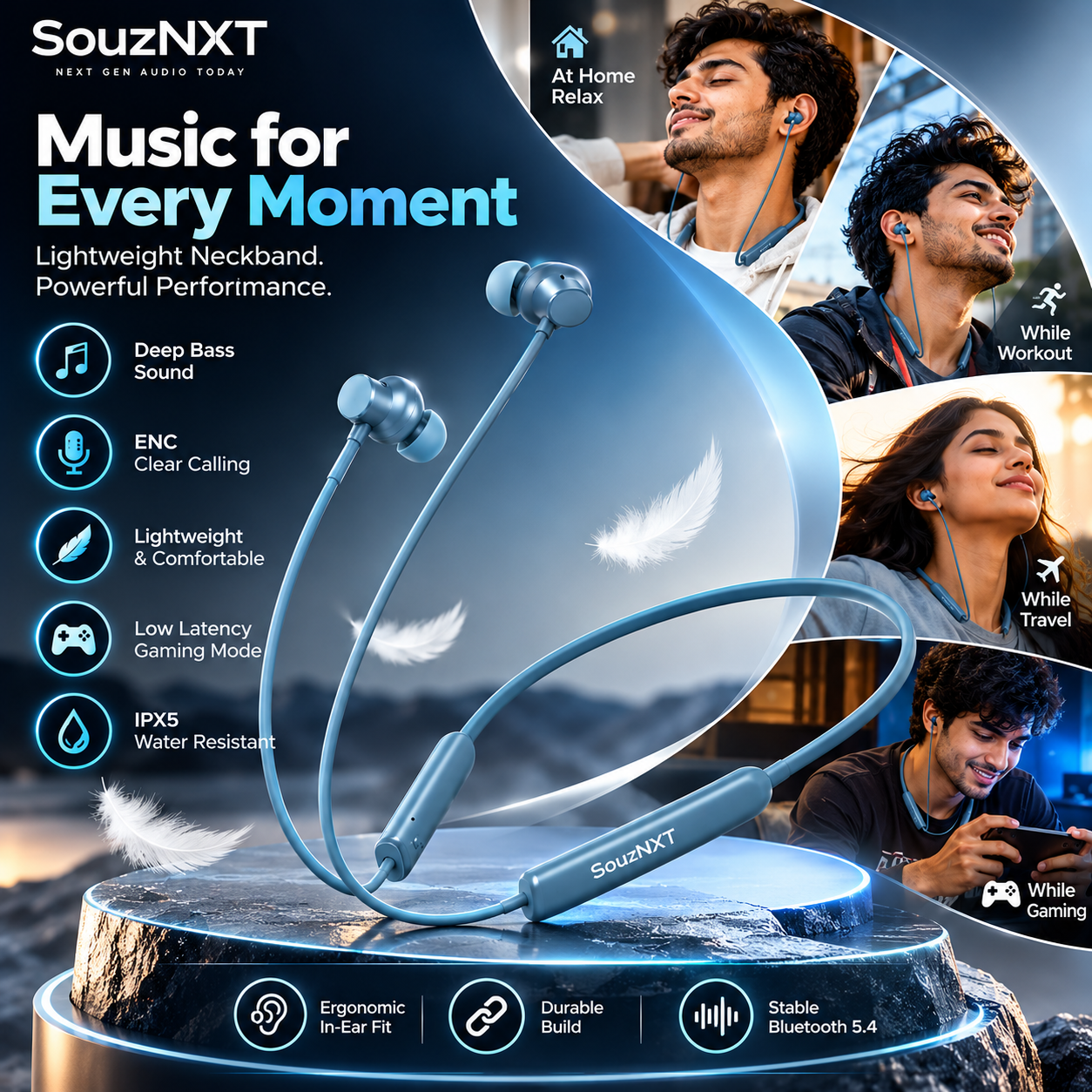 SouzNXT Wireless Neckband | Deep Bass • ENC Calling • Up to 30H Playtime - Image 3