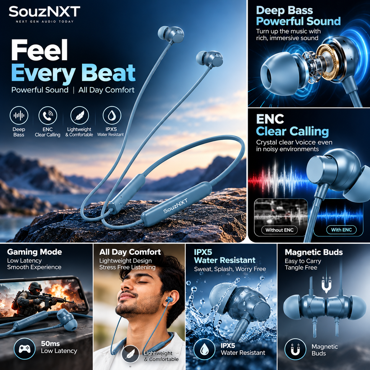 SouzNXT Wireless Neckband | Deep Bass • ENC Calling • Up to 30H Playtime - Image 5